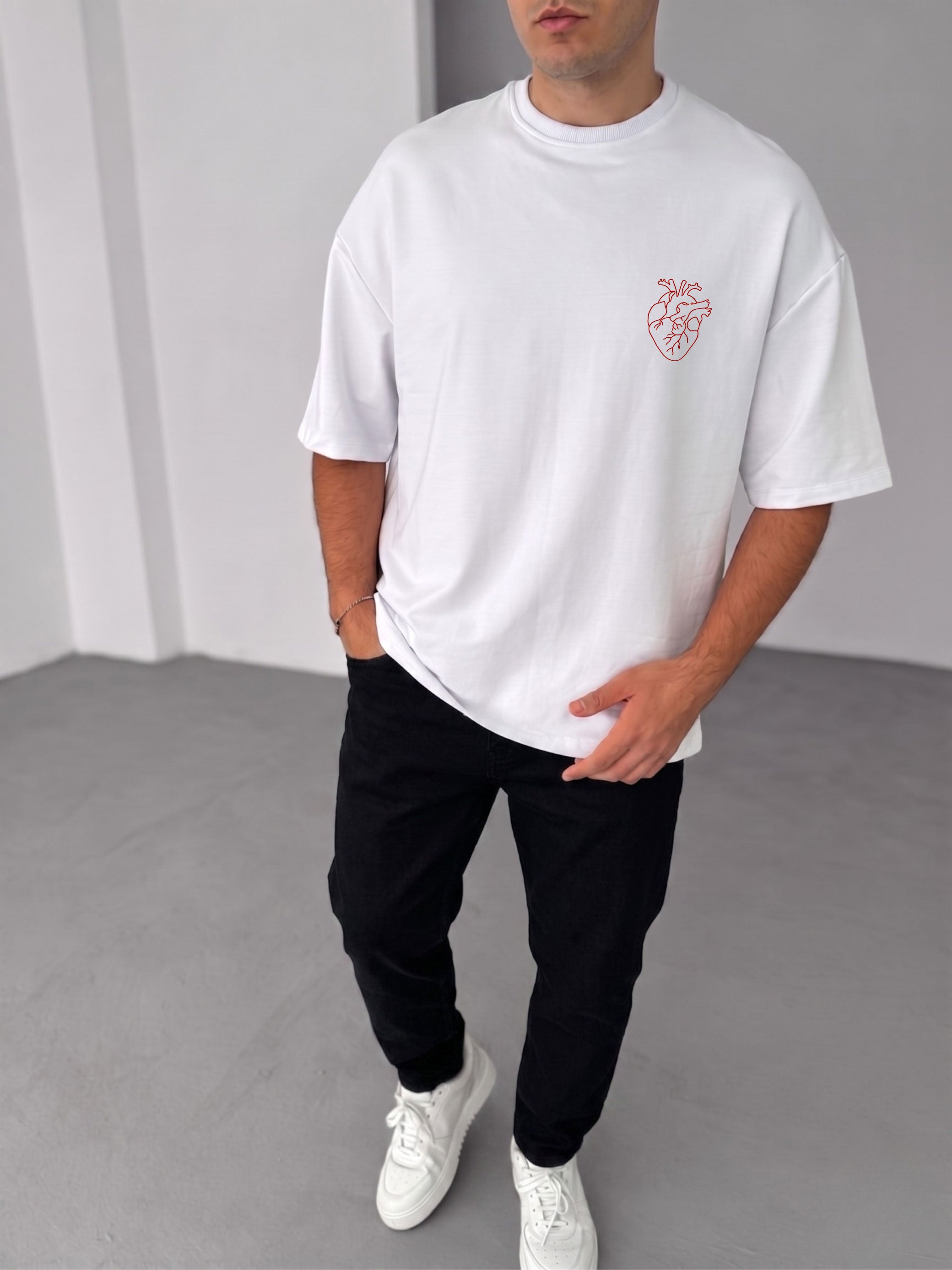 Premium White -Heart- Printed Oversize T-Shirt