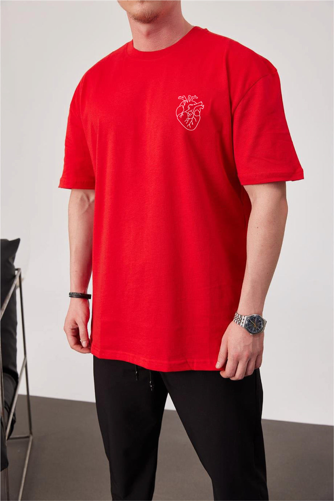 Red -Heart- Printed Oversize T-Shirt