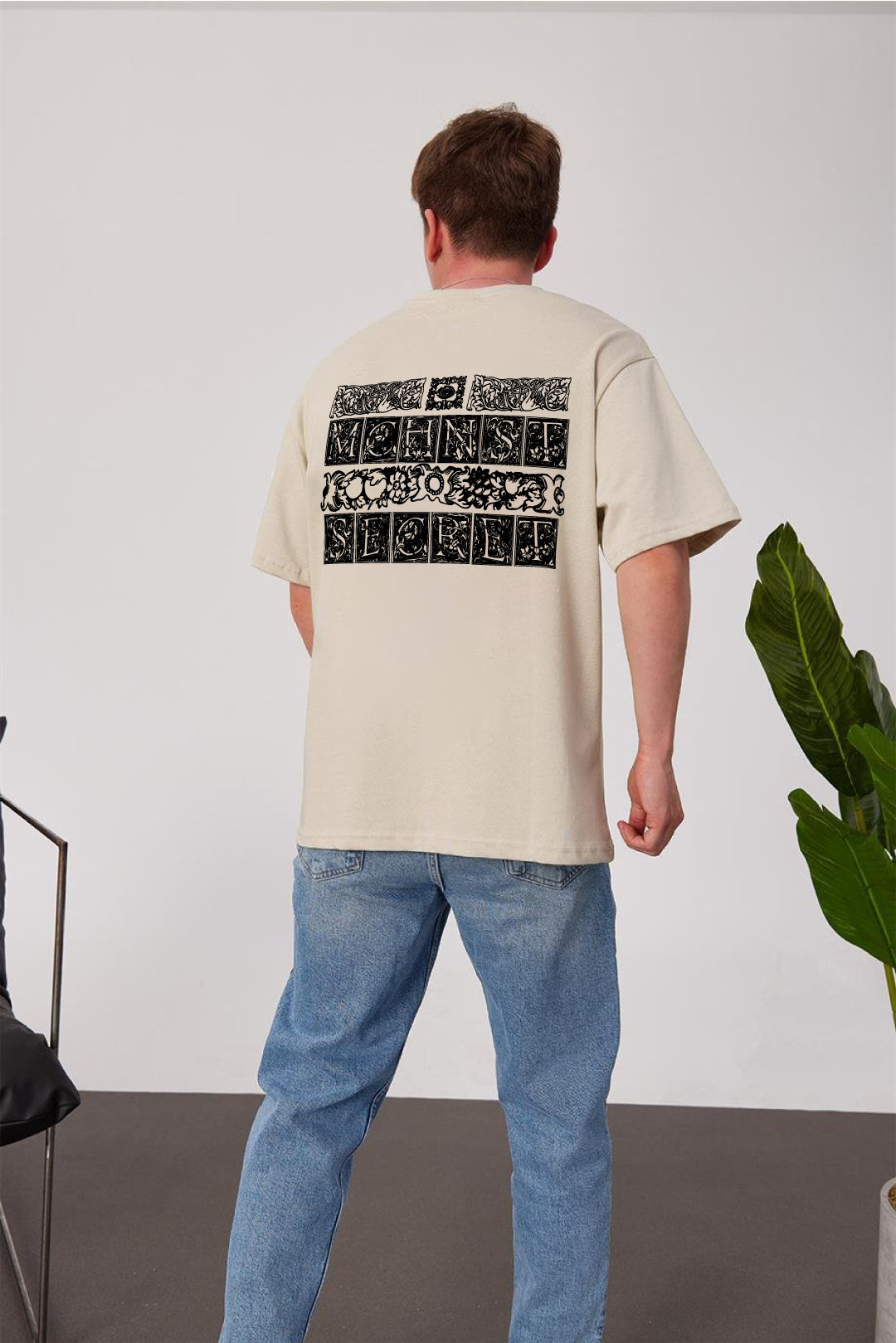 Beige -Machinest- Printed Oversize T-Shirt