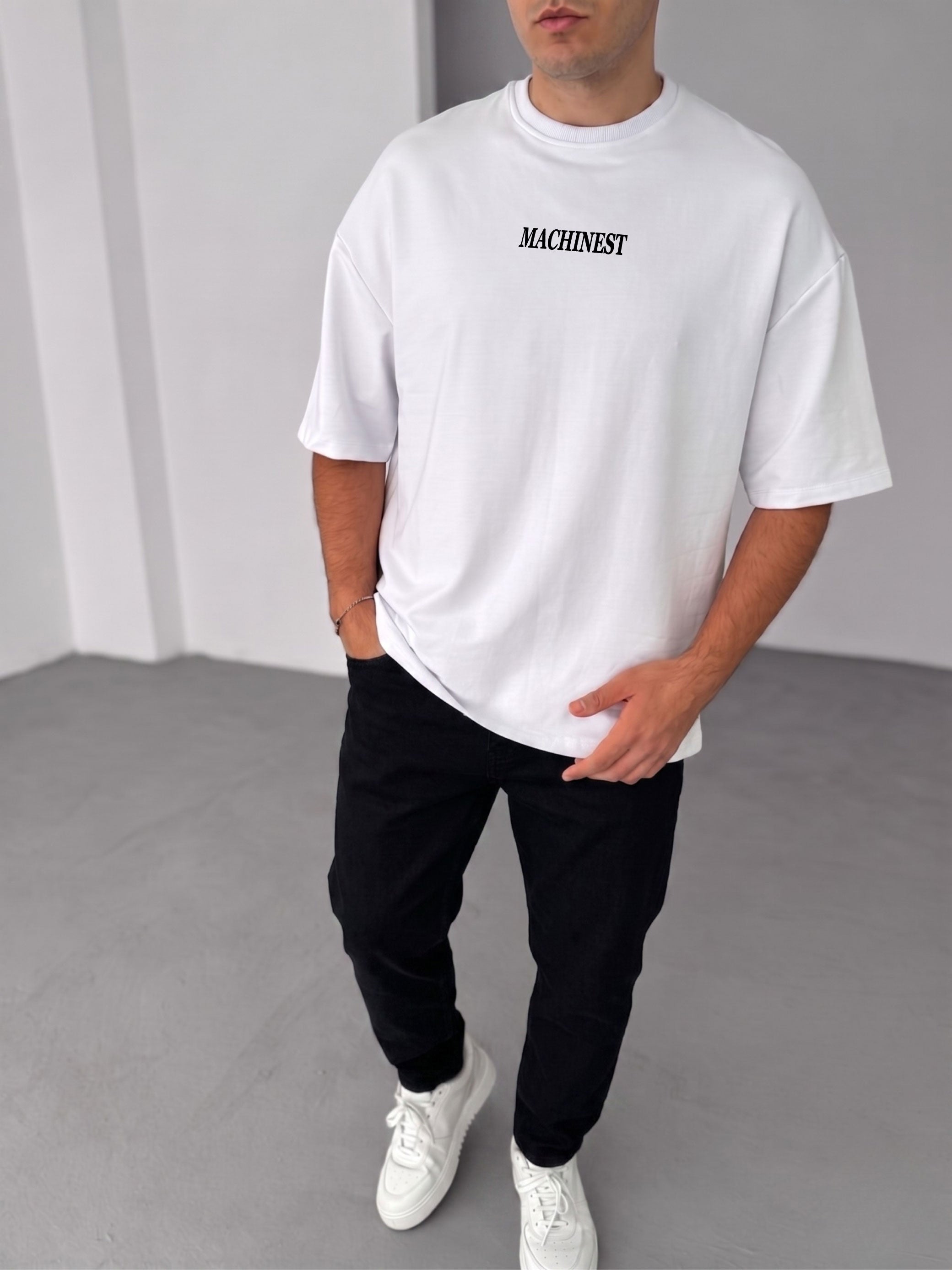 Premium White -Machinest- Printed Oversize T-Shirt