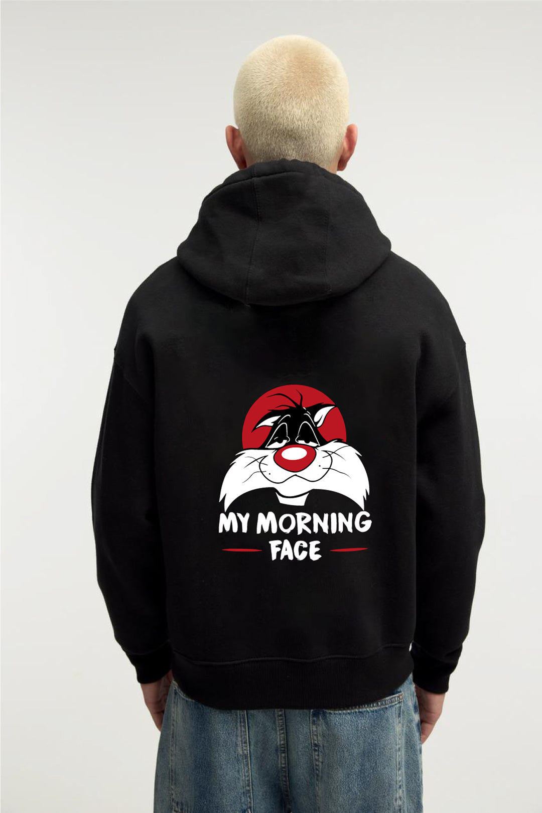 Black -Morning face- Printed Oversize Hoodie