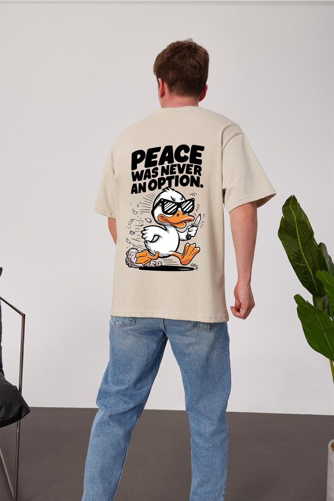 Beige -No Peace- Printed Oversize T-Shirt