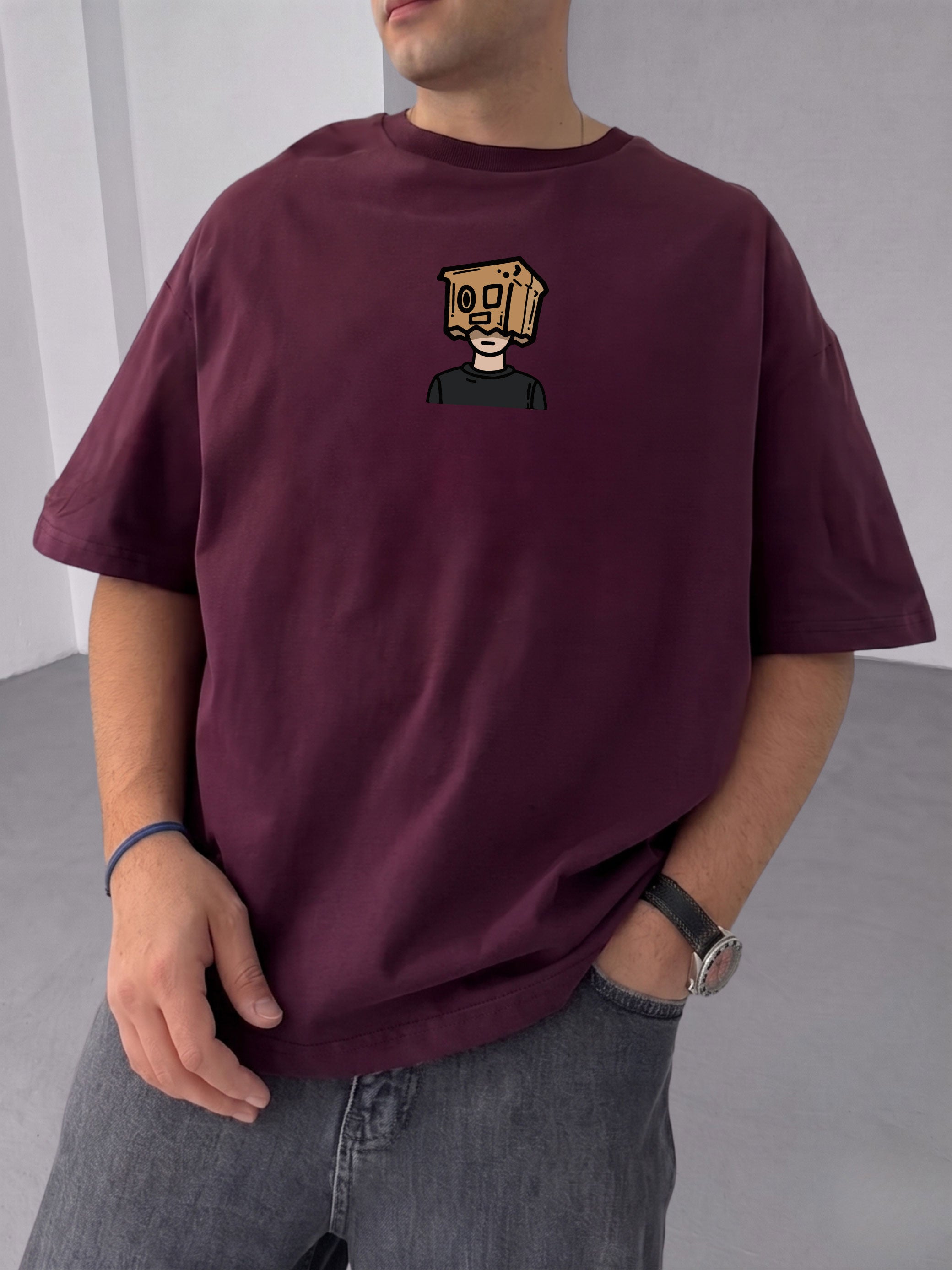 Premium Burgundy -Overthinking- Printed Oversize T-Shirt