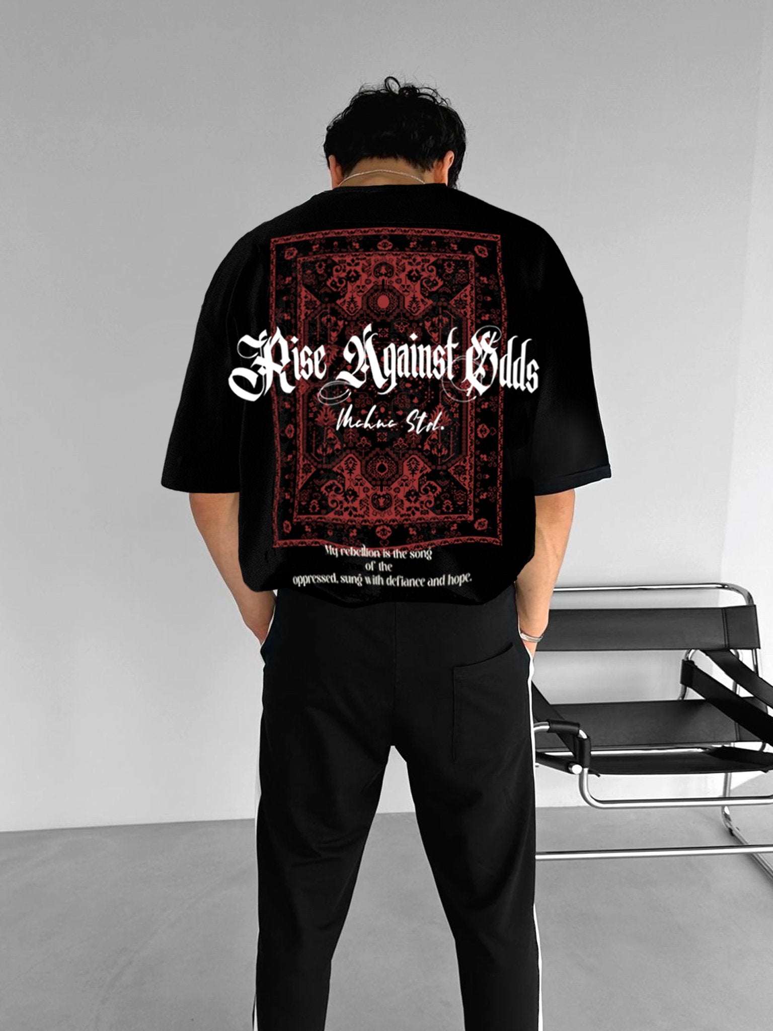 Black - Red Carpet Pattern- Printed Oversize T-Shirt