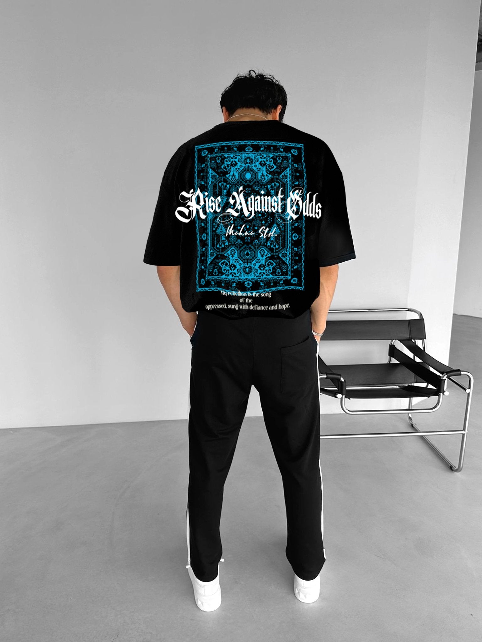 Black - Blue Carpet Pattern- Printed Oversize T-Shirt