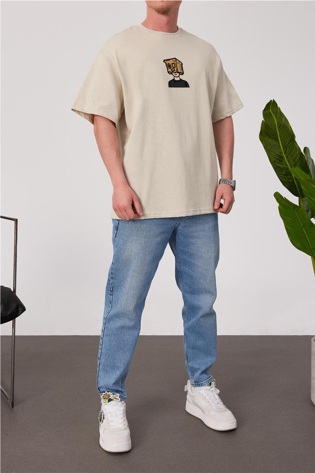 Beige -Overthinking- Printed Oversize T-Shirt