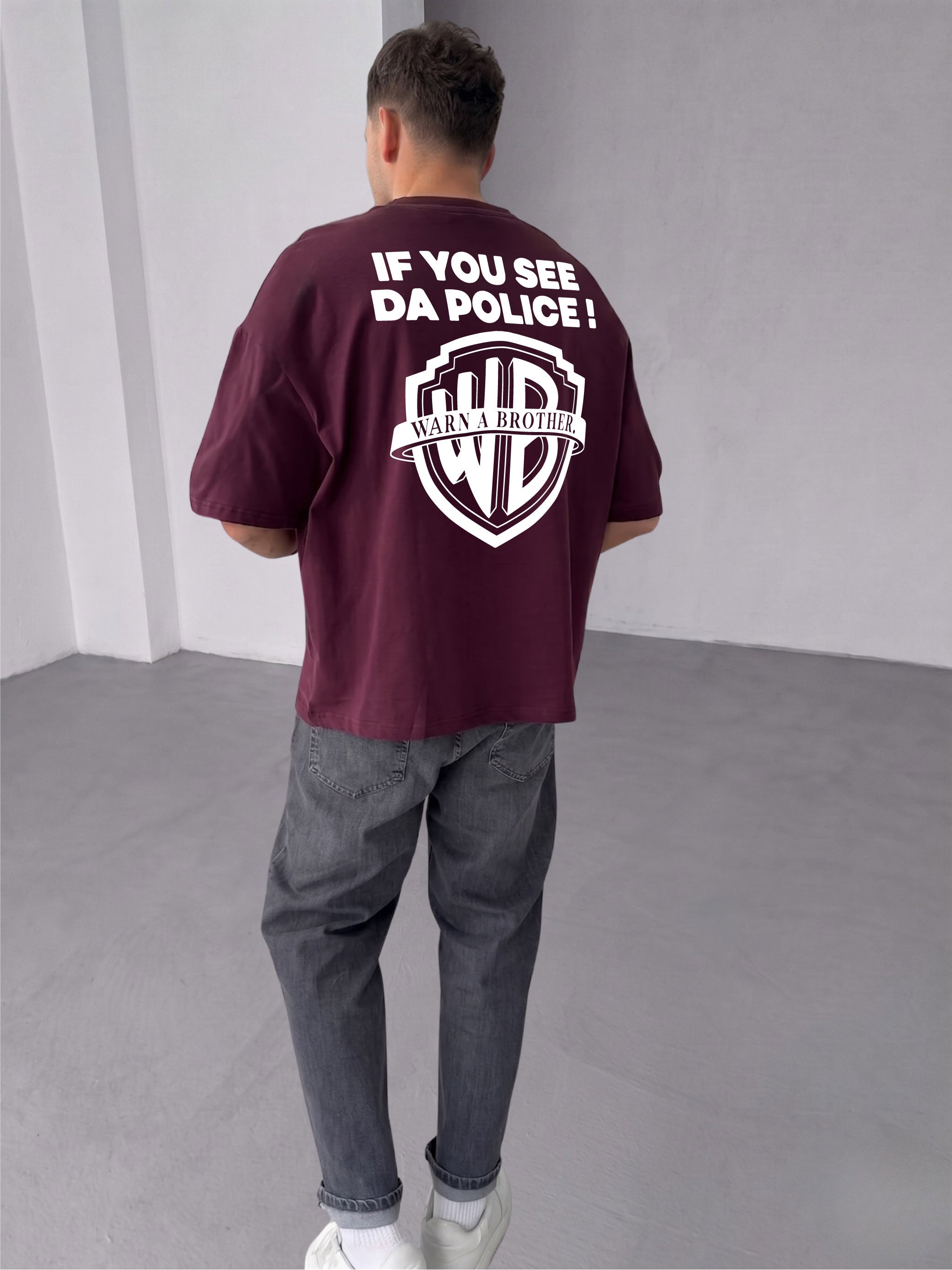 Premium Burgundy -Police- Printed Oversize T-Shirt