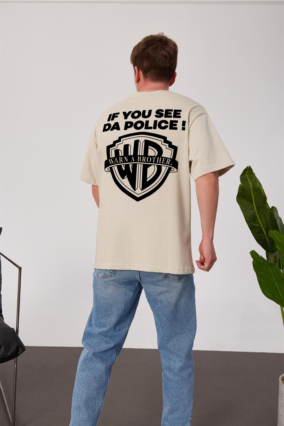 Beige -Police- Printed Oversize T-Shirt