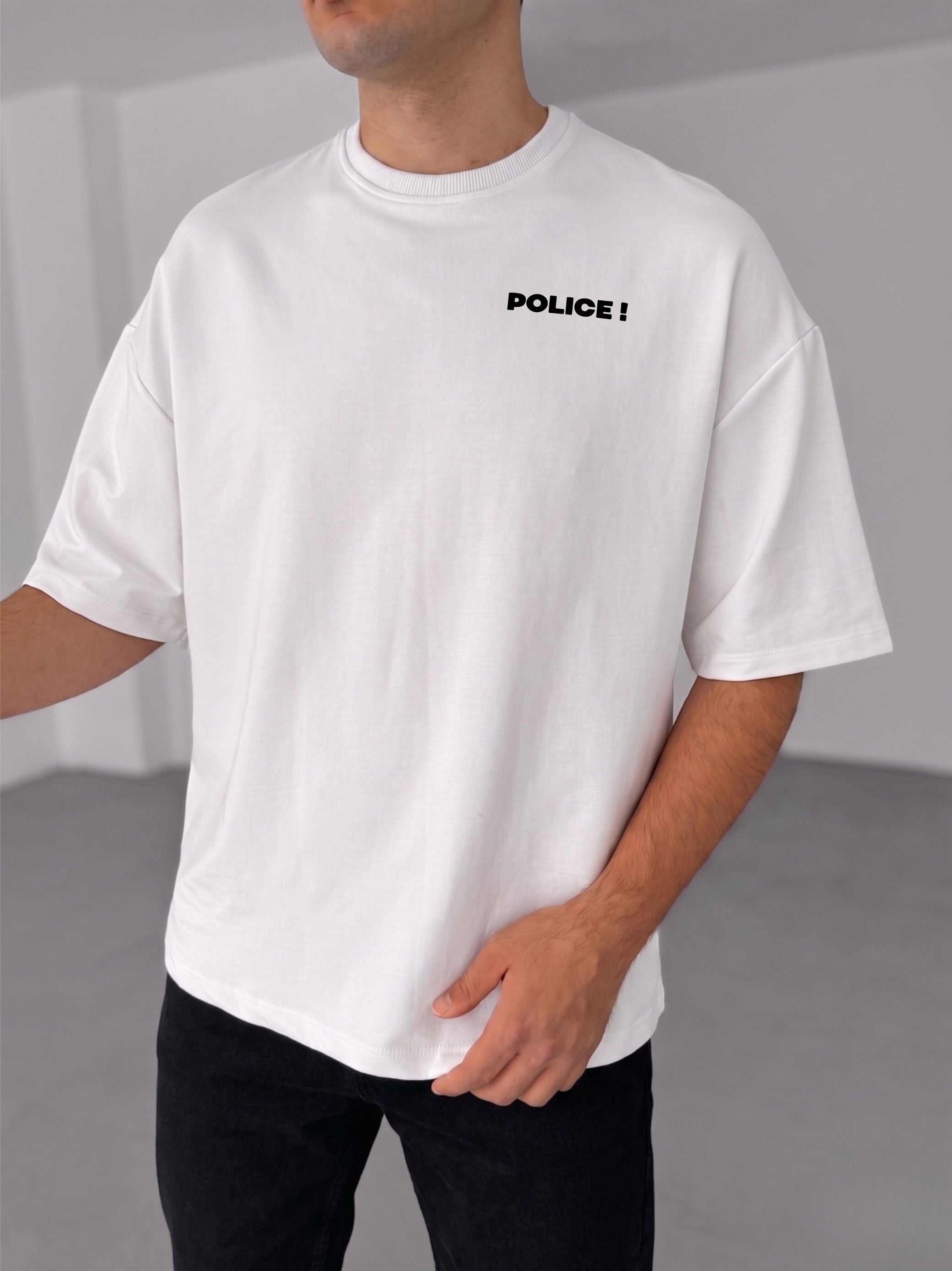 Premium White -Police- Printed Oversize T-Shirt