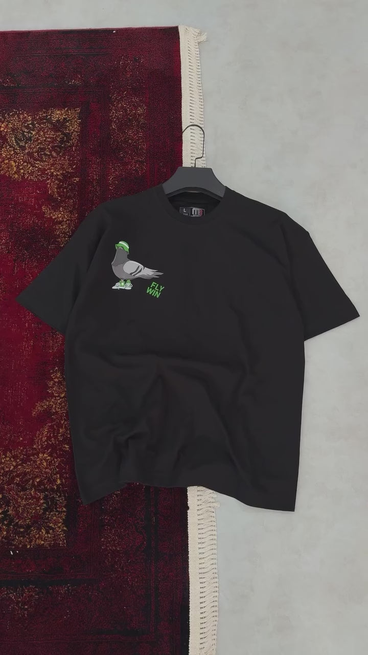 Premium Black -Fly Win- Printed Oversize T-Shirt