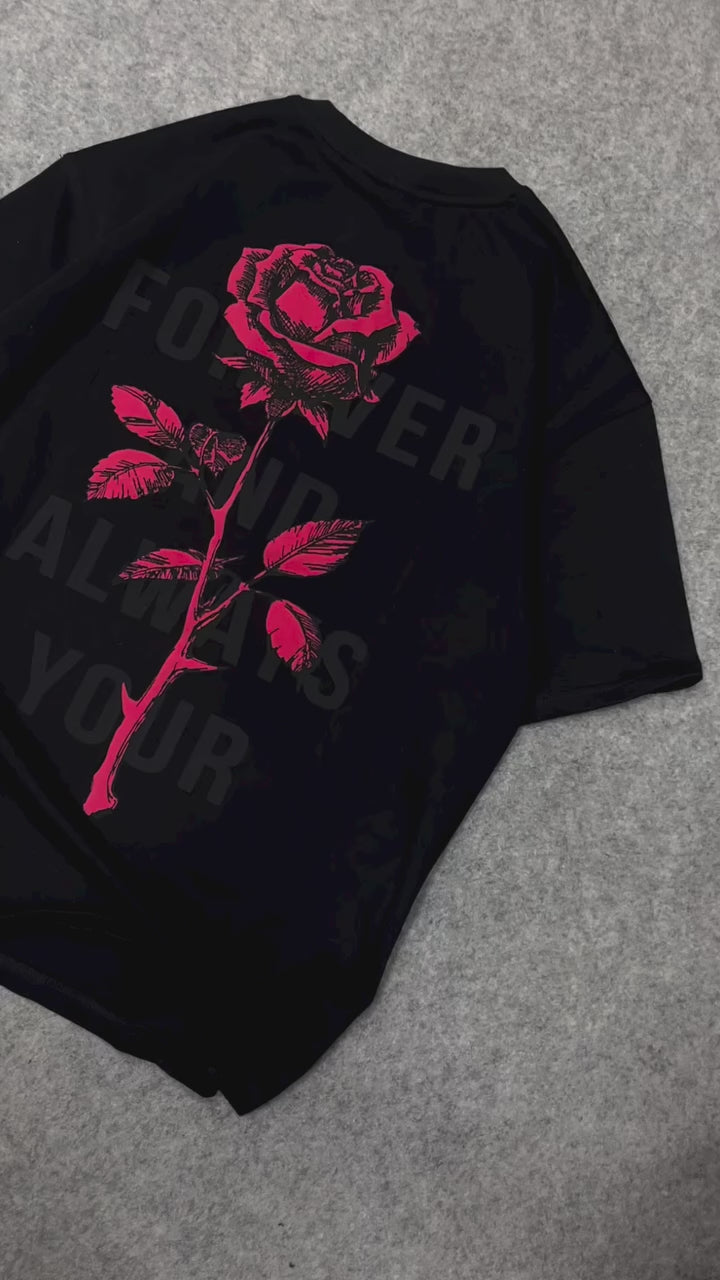Premium Black -Rose- Printed Oversize T-Shirt