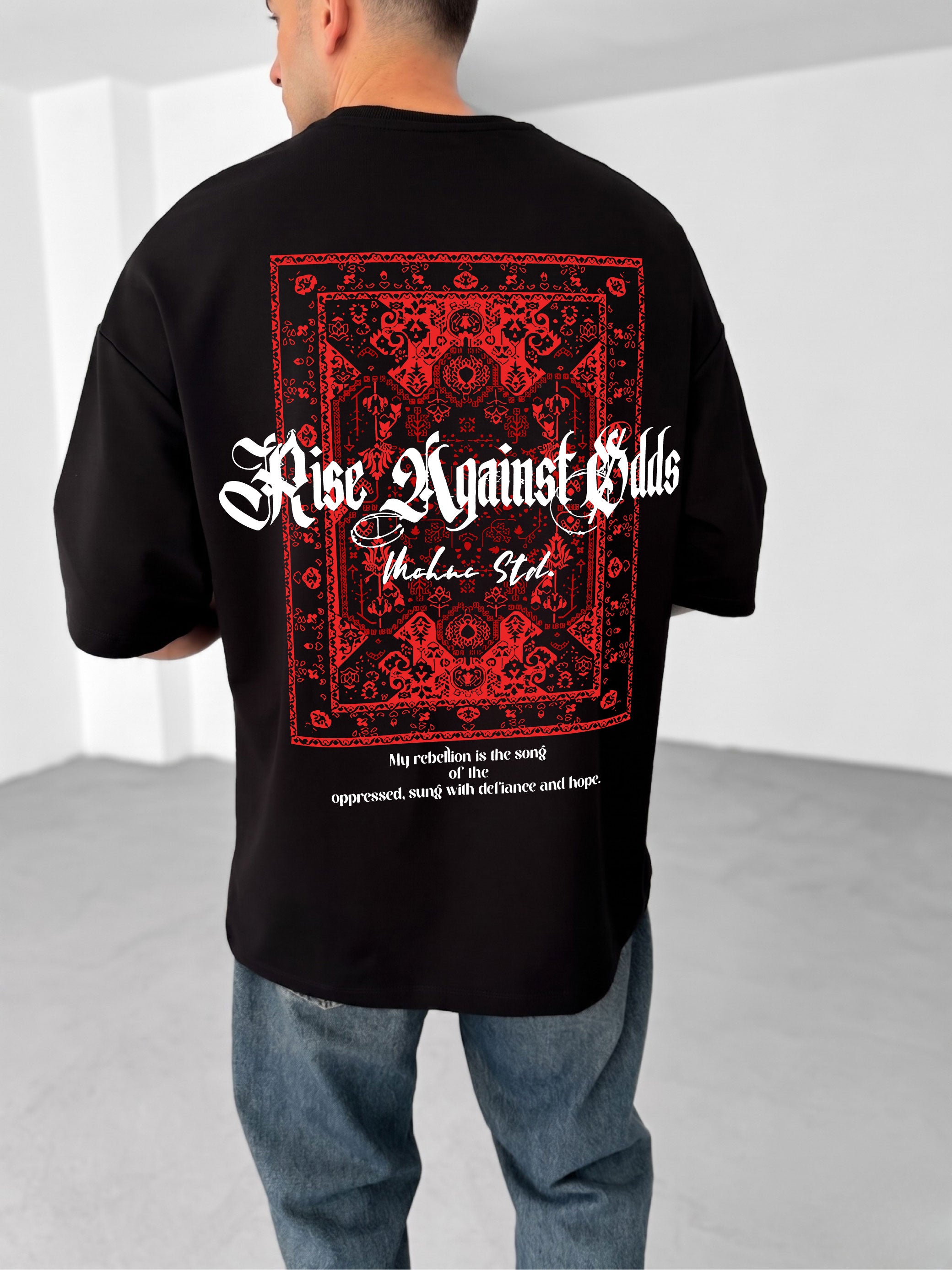 Premium Black -Red Carpet Pattern- Printed Oversize T-Shirt