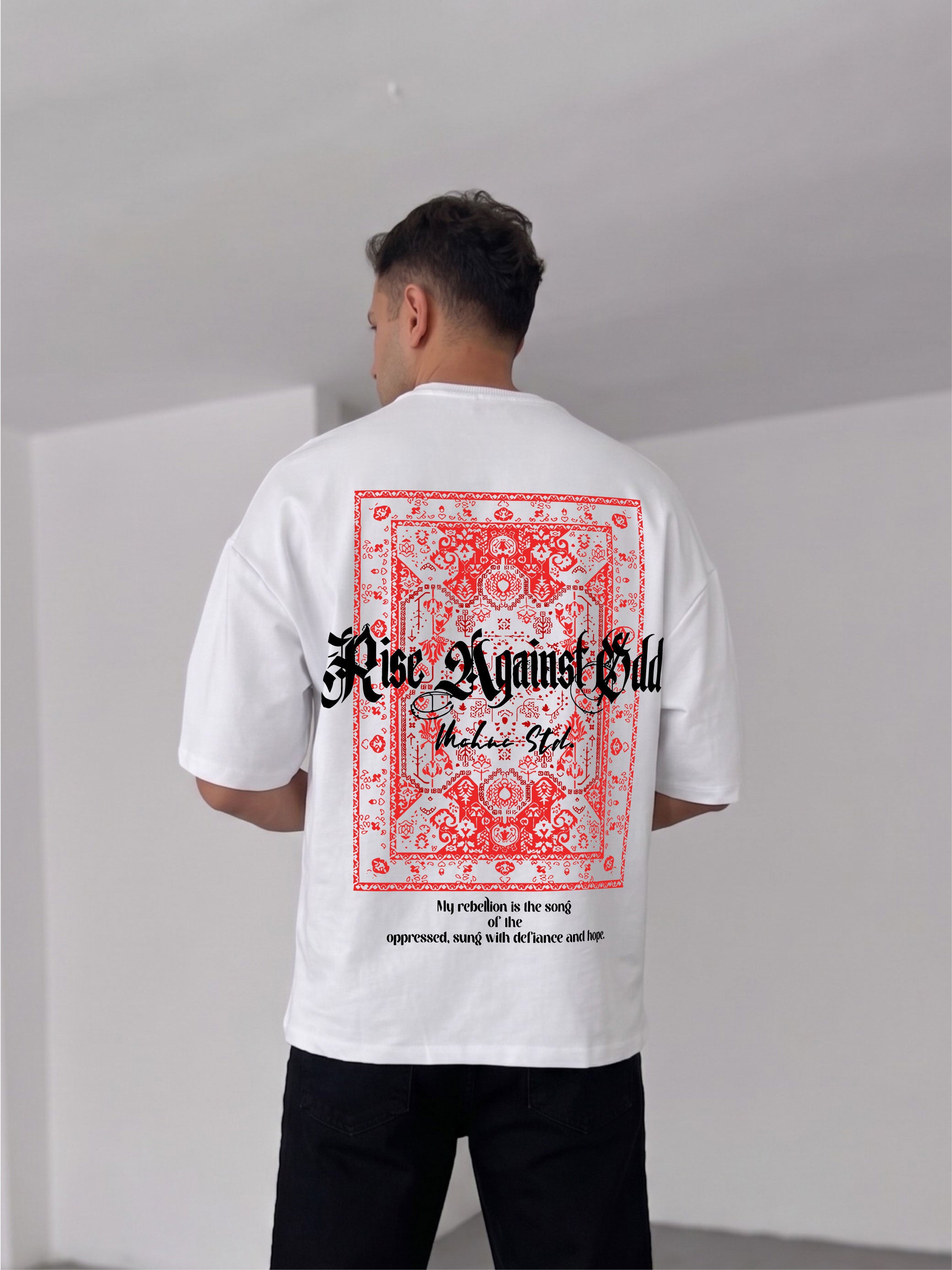 Premium White -Red Carpet Pattern- Printed Oversize T-Shirt