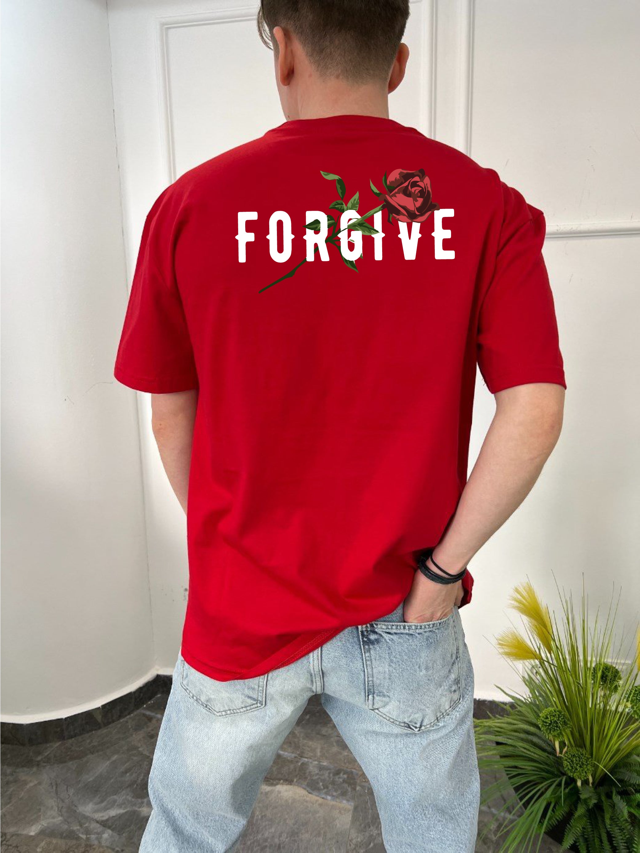 Red -Forgive- Printed Oversize T-Shirt