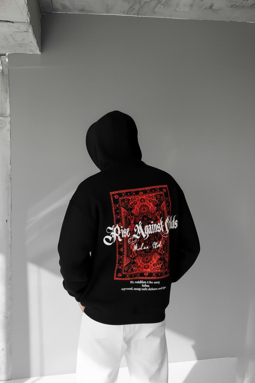 Black - Red Carpet Pattern- Printed Oversize Hoodie