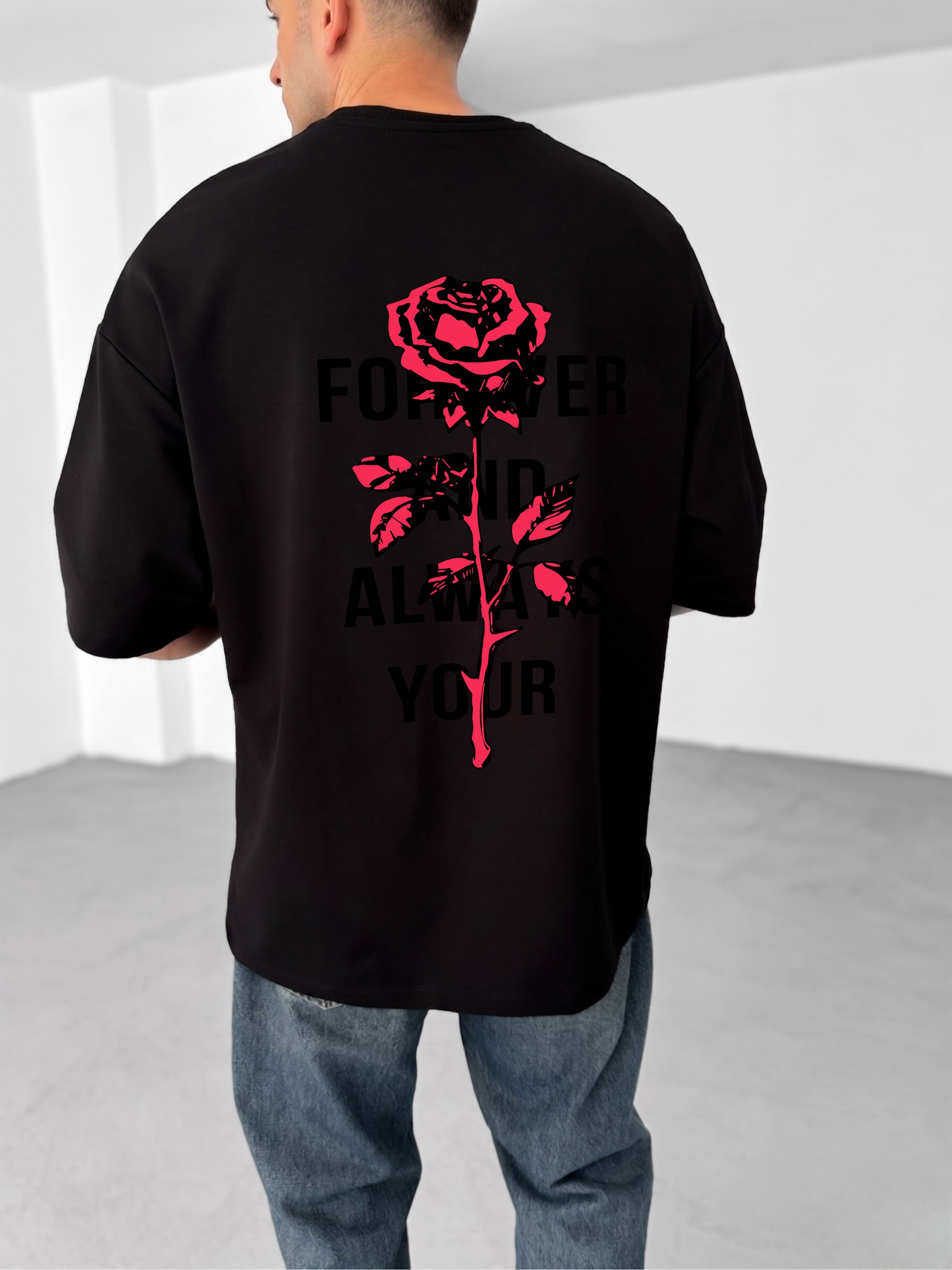 Premium Black -Rose- Printed Oversize T-Shirt