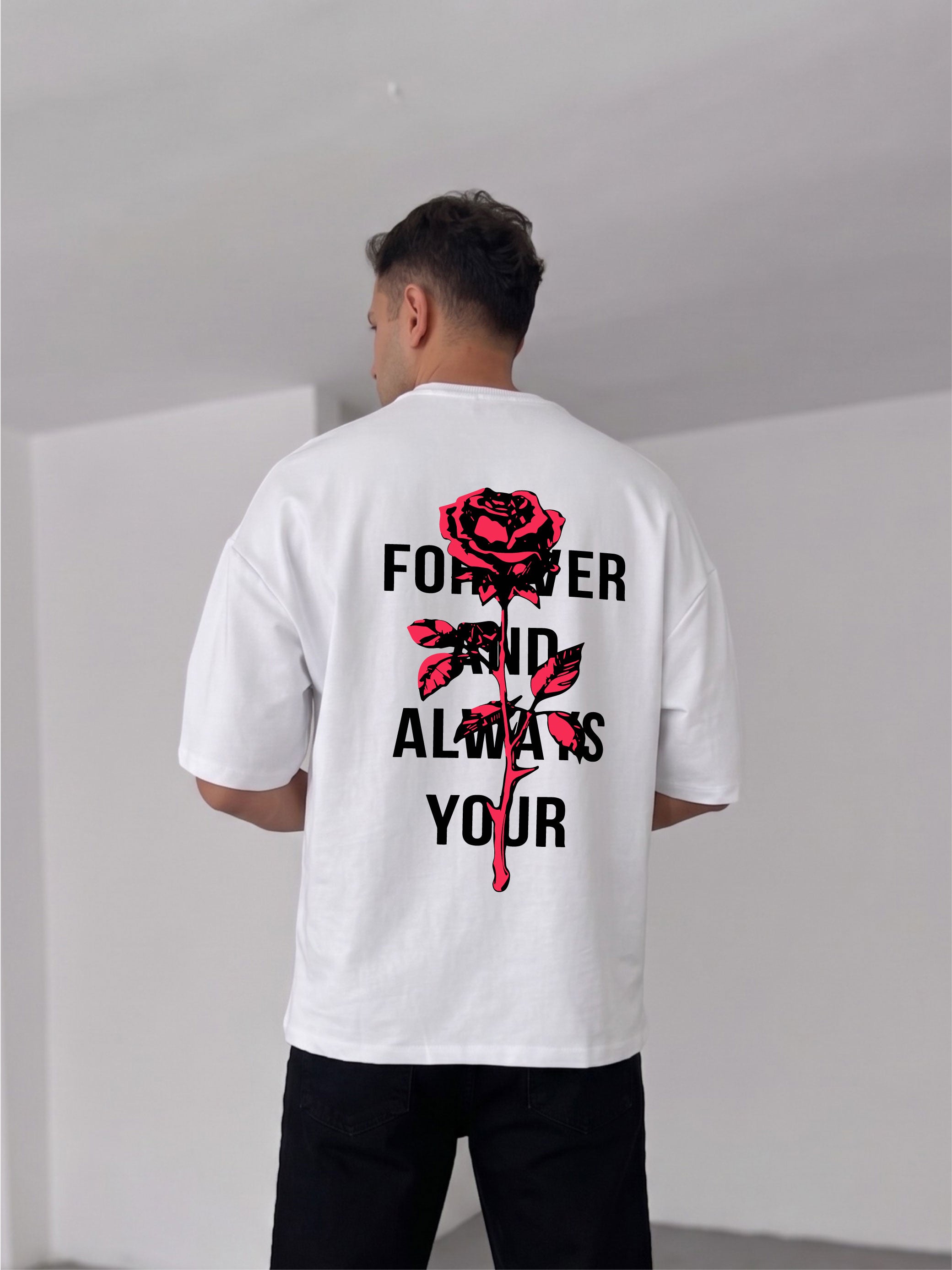 Premium White -Rose- Printed Oversize T-Shirt