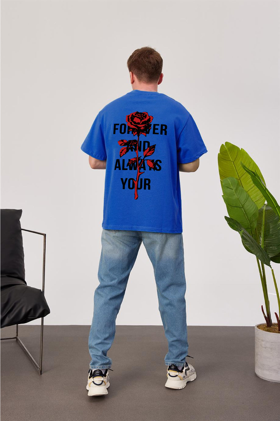 Royal Blue -Rose- Printed Oversize T-Shirt