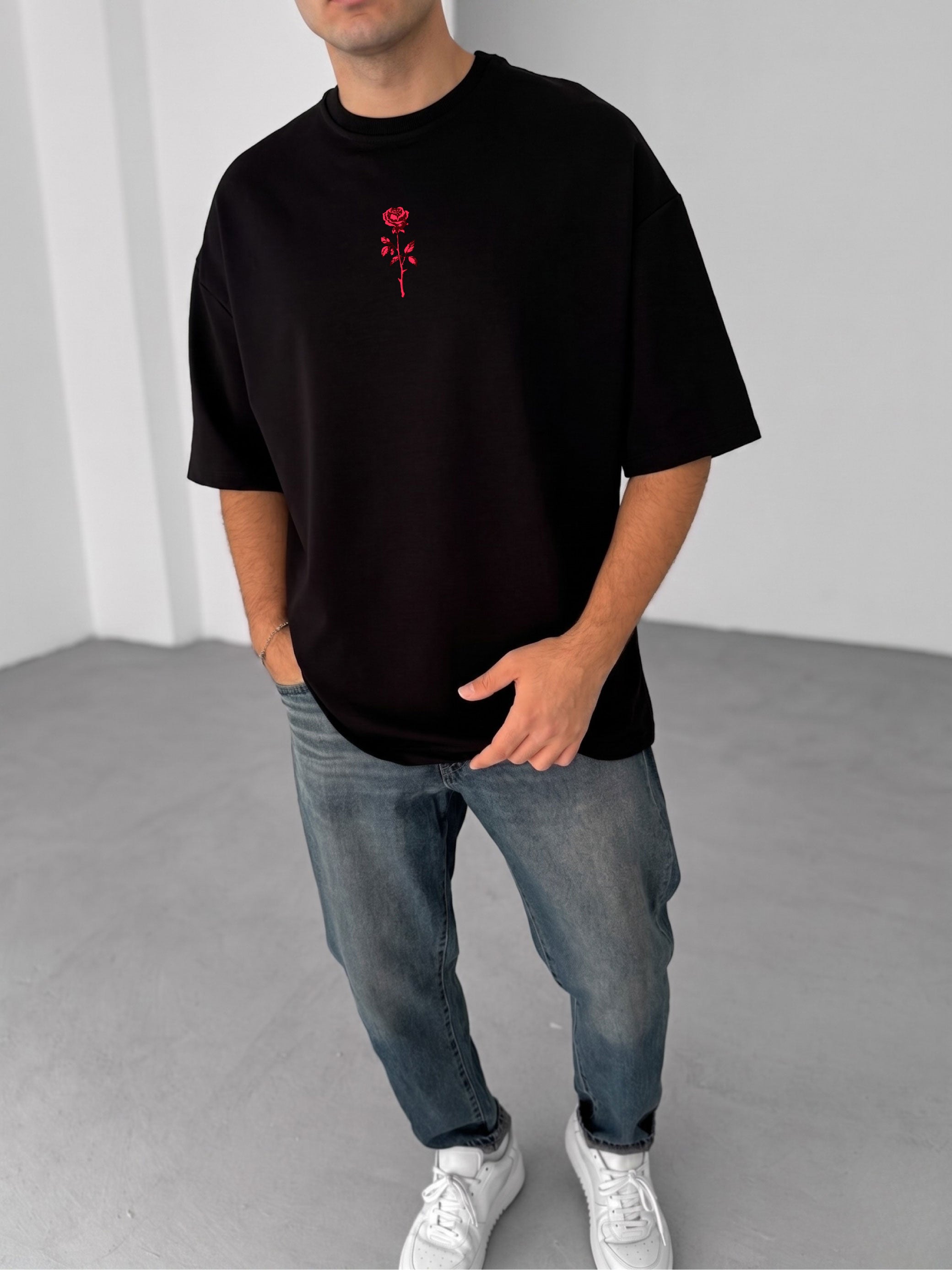 Premium Black -Rose- Printed Oversize T-Shirt
