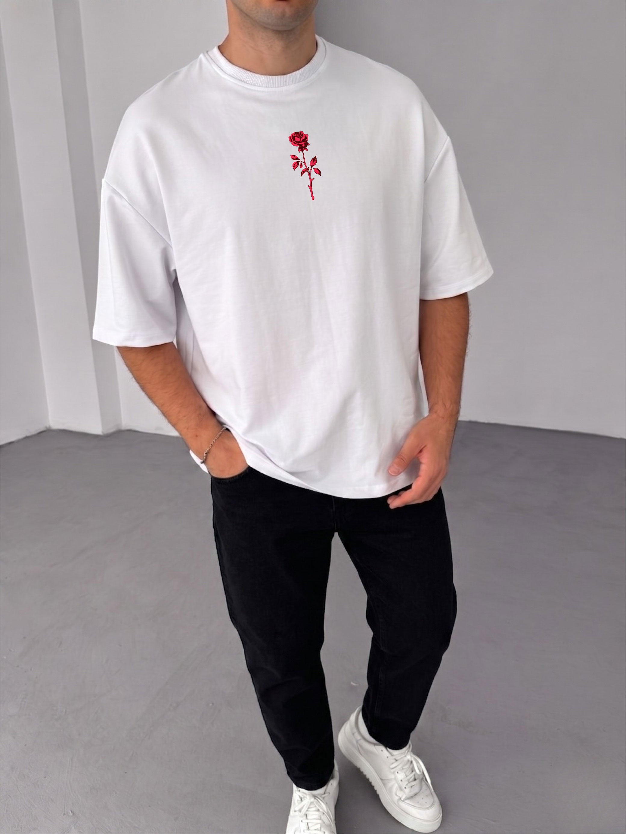 Premium White -Rose- Printed Oversize T-Shirt