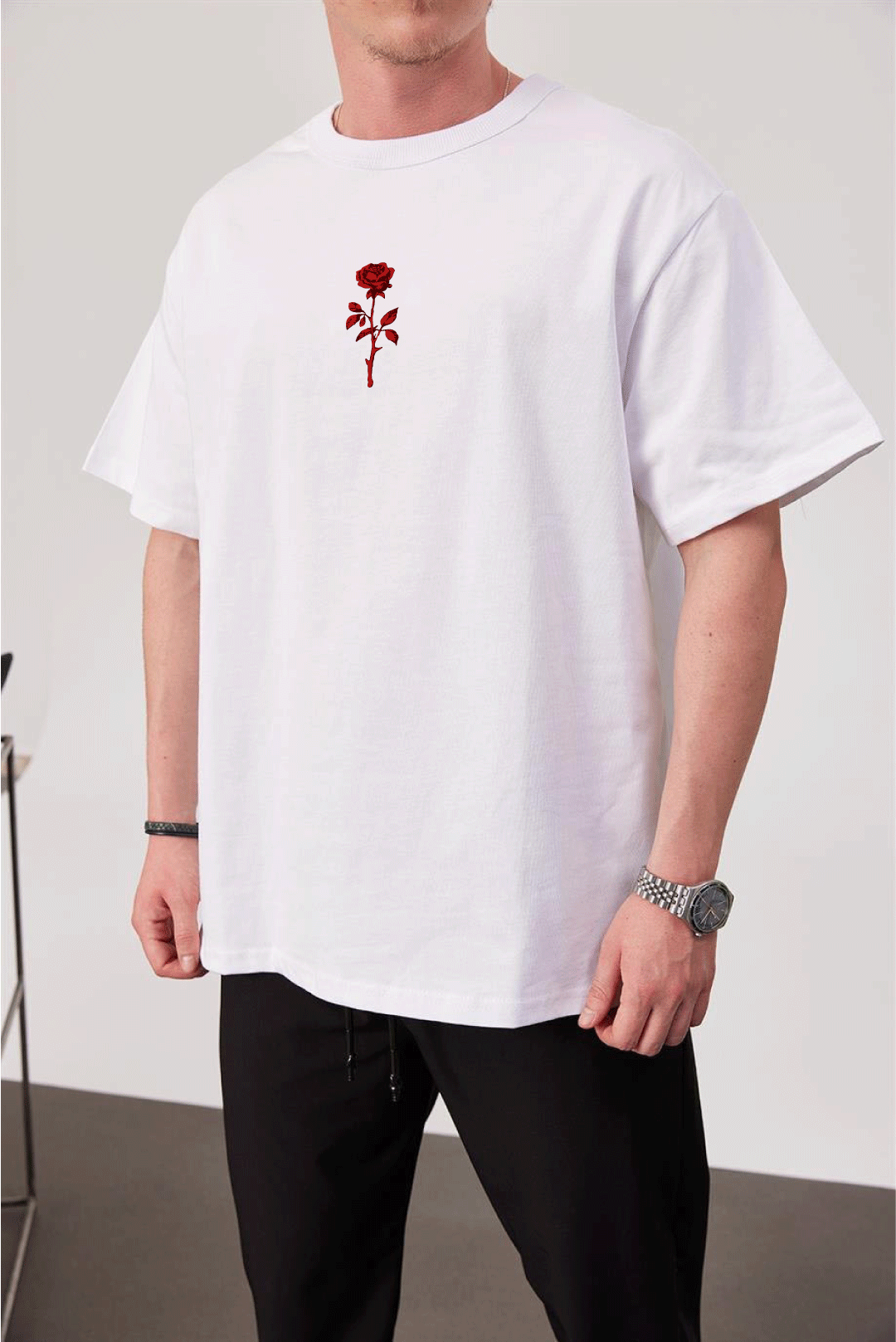 White -Rose- Printed Oversize T-Shirt