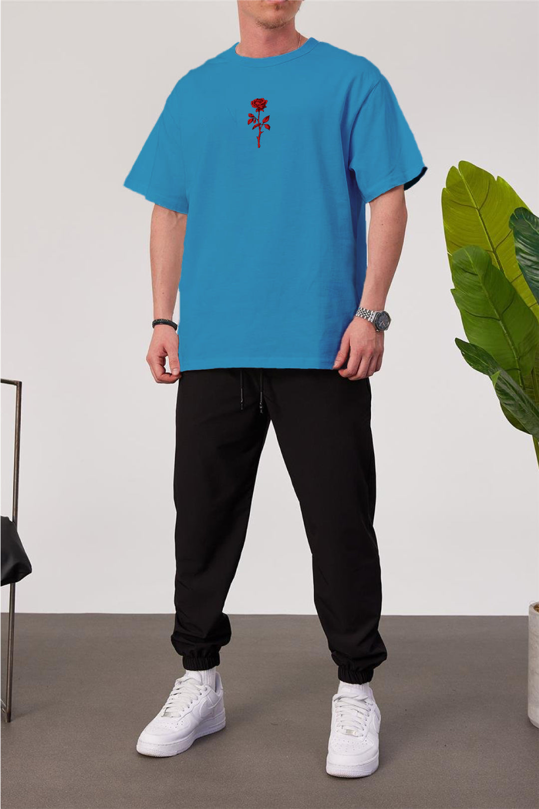 Light Blue -Rose- Printed Oversize T-Shirt