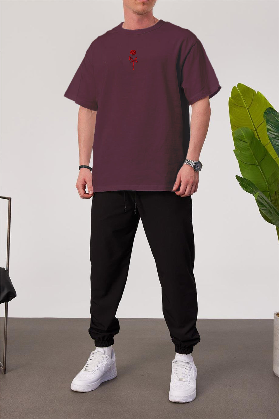 Burgundy -Rose- Printed Oversize T-Shirt