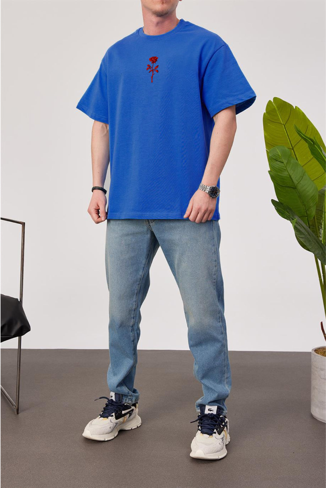 Royal Blue -Rose- Printed Oversize T-Shirt