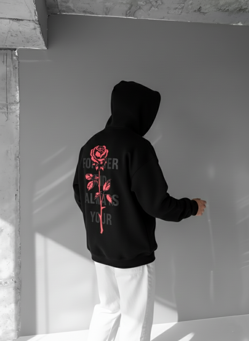 Black -rose- Printed Oversize Hoodie