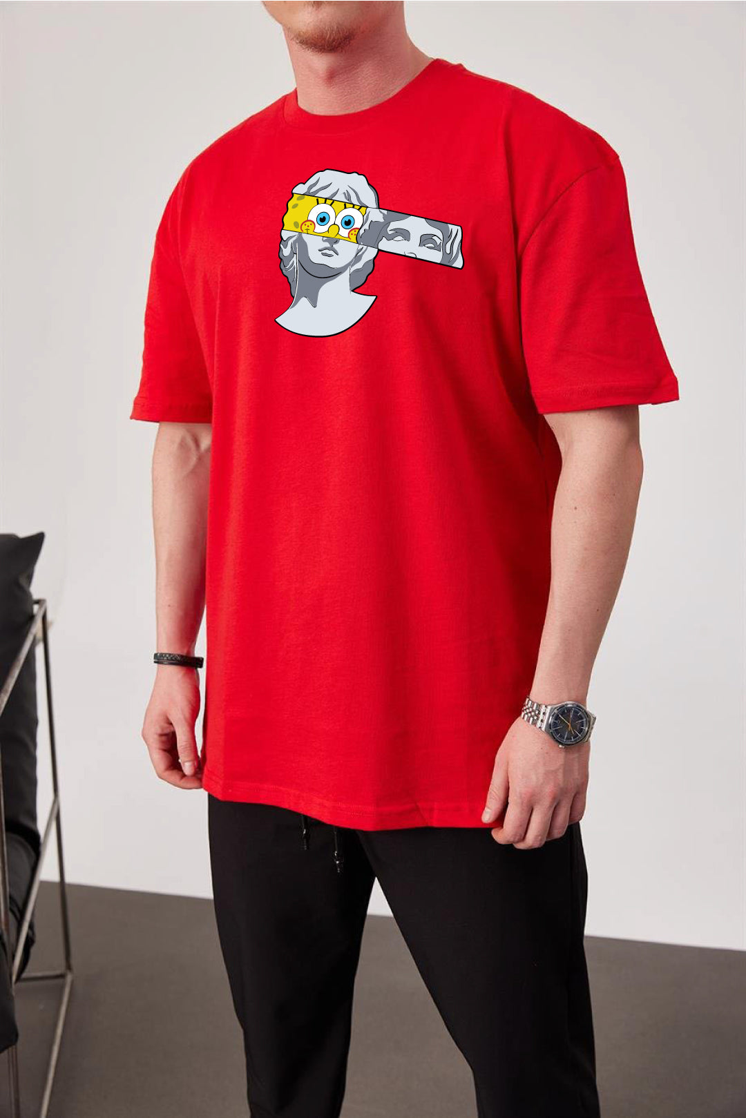 Red -Spongebob Sculpture- Printed Oversize T-Shirt