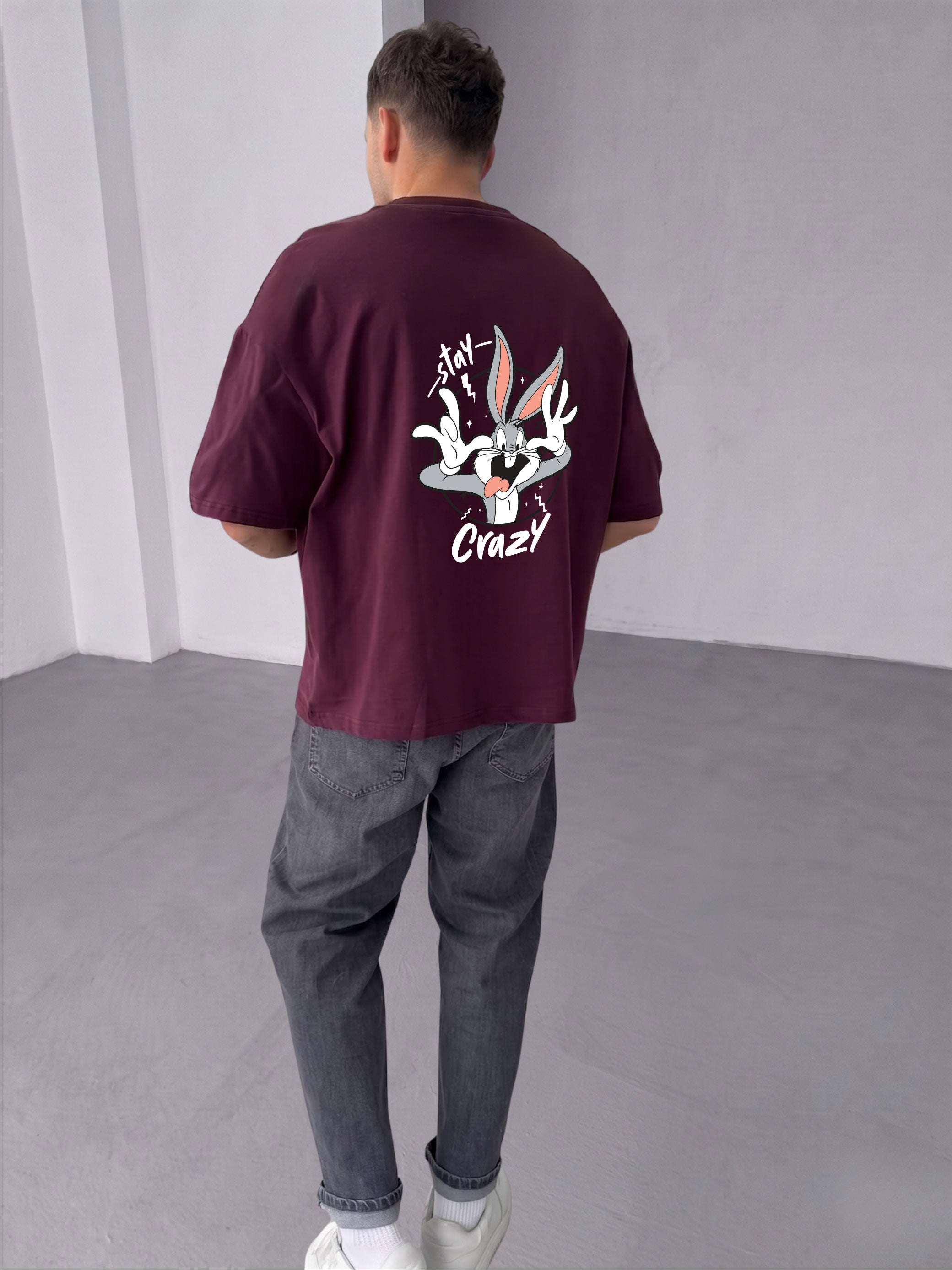 Premium Burgundy -Stay Crazy- Printed Oversize T-Shirt