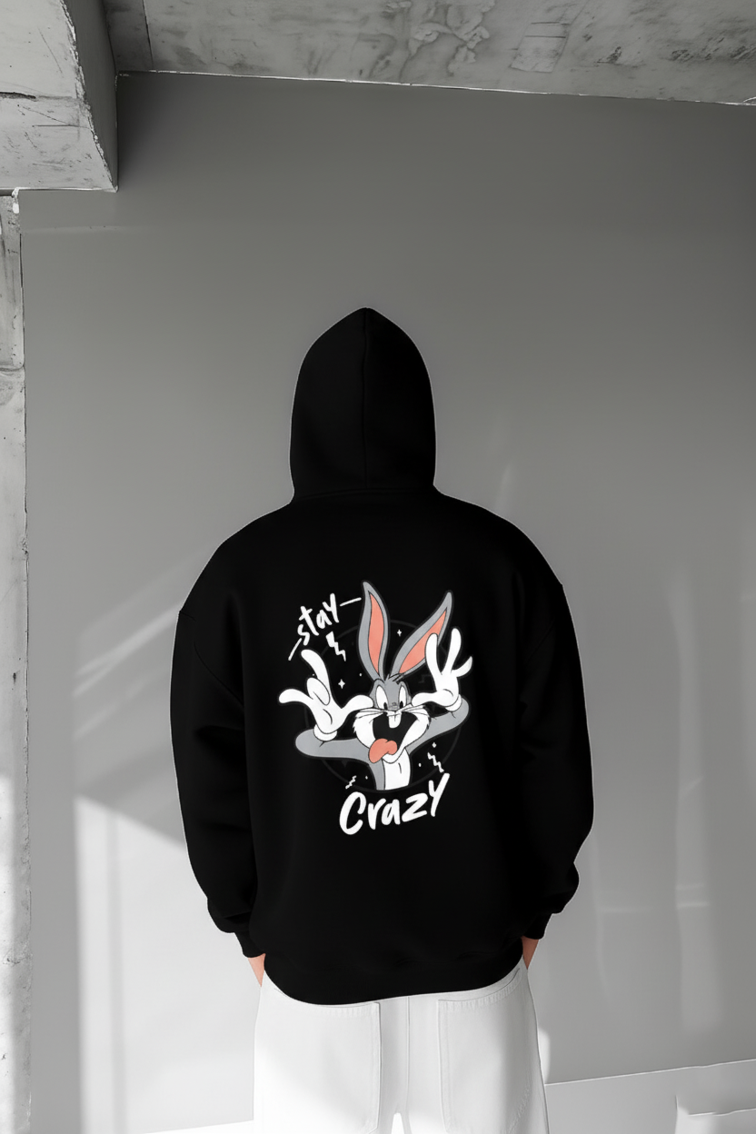 Black -Stay Crazy- Printed Oversize Hoodie