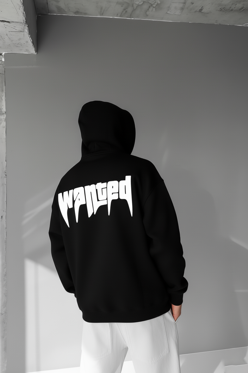 Black -wanted- Printed Oversize Hoodie