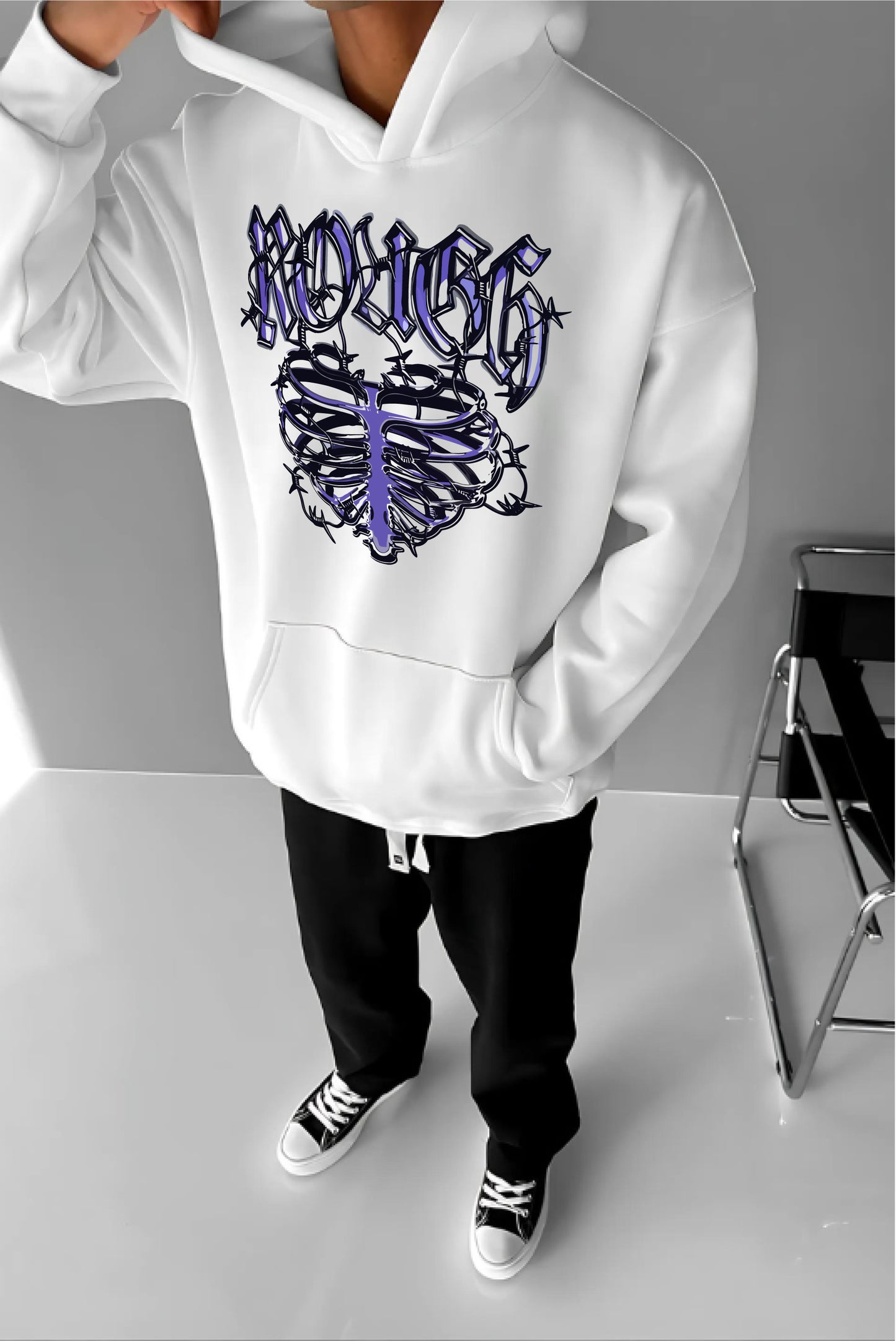 White -Peito- Printed Oversize Hoodie