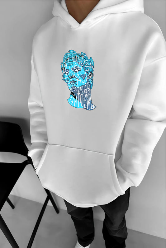 White -Sculpture- Printed Oversize Hoodie