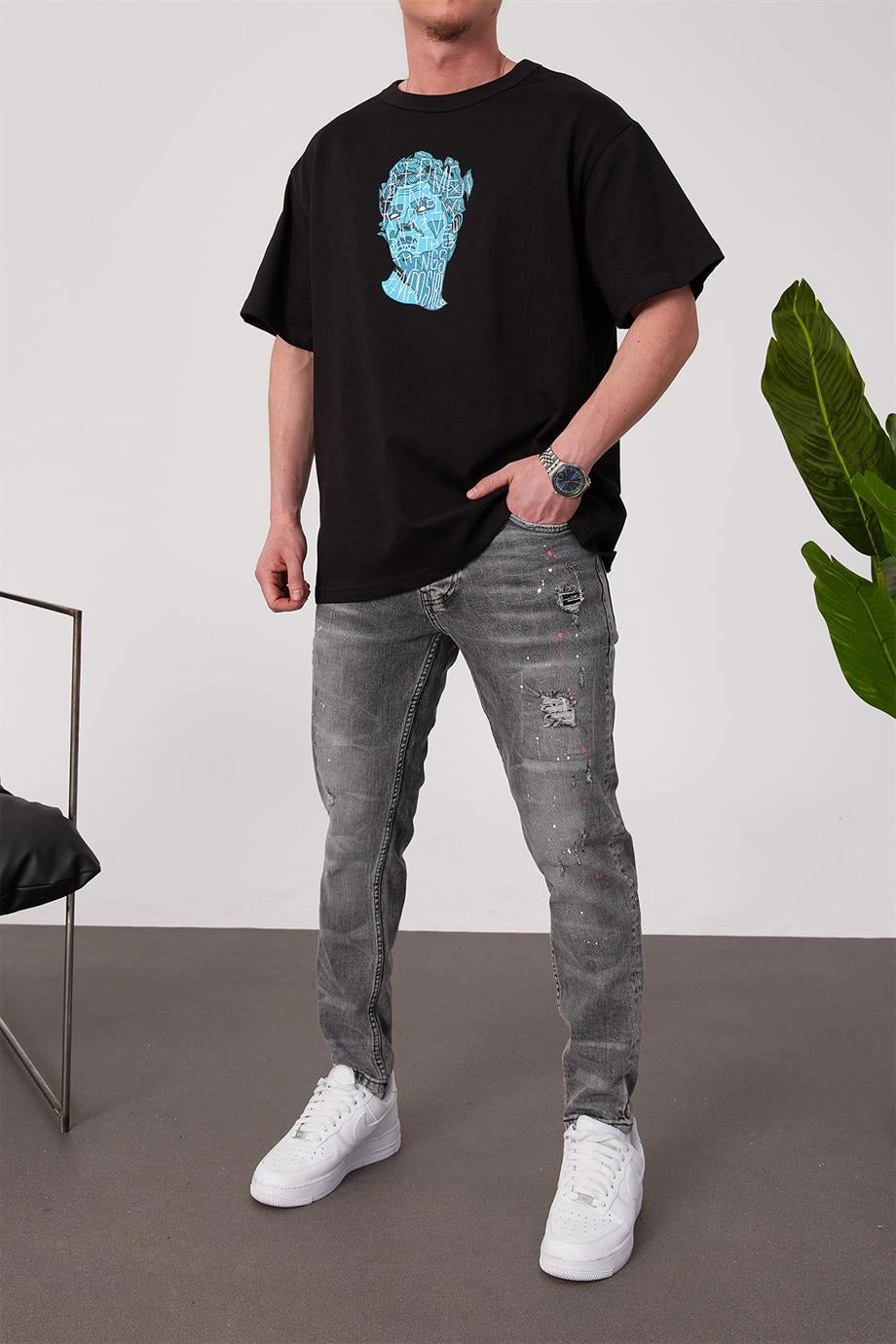 Black -Sculpture- Printed Oversize T-Shirt