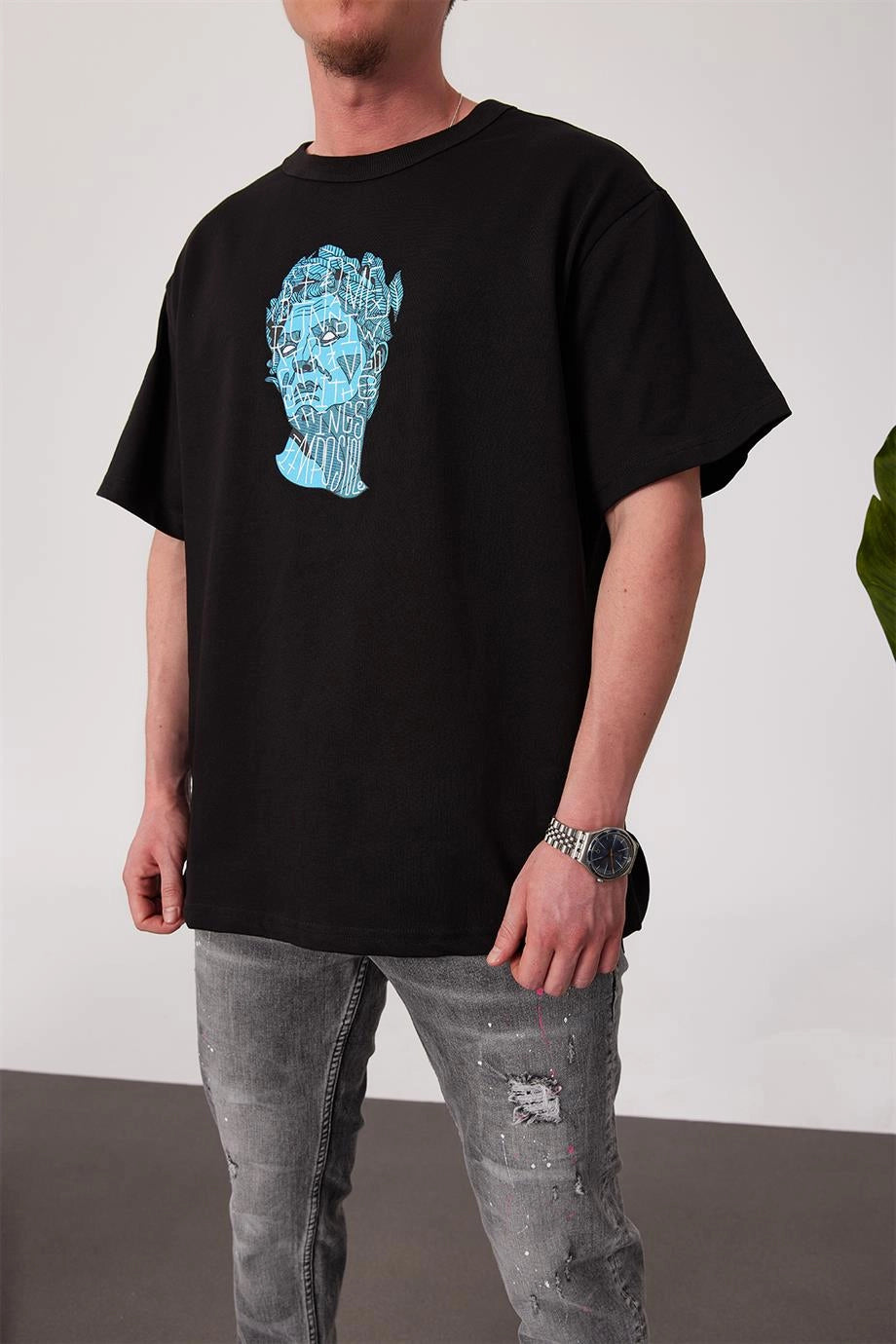 Black -Sculpture- Printed Oversize T-Shirt
